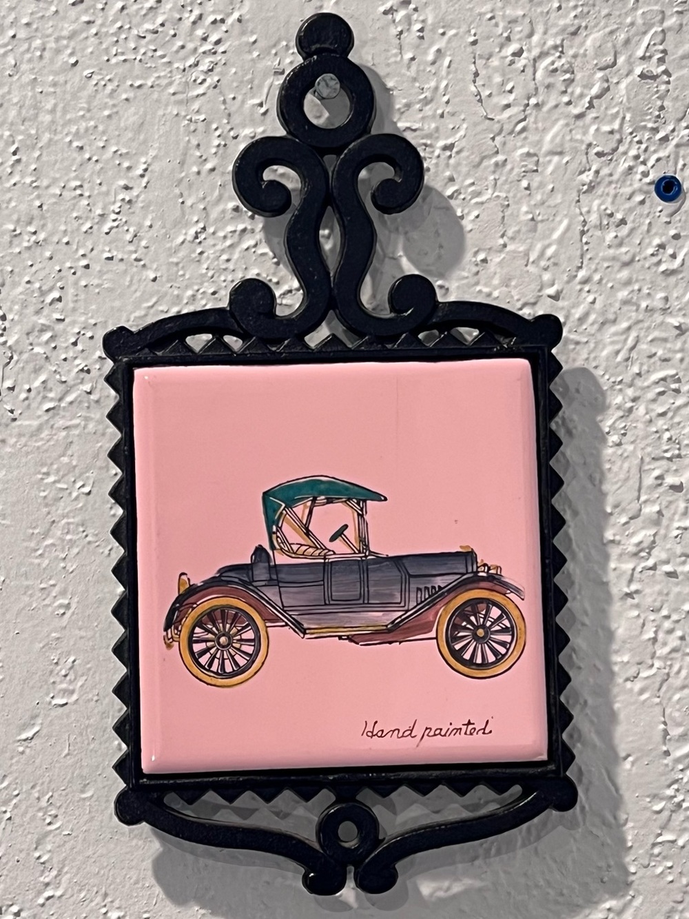 Vintage Hand Painted Car Tile Trivet Wall Plaque Japan